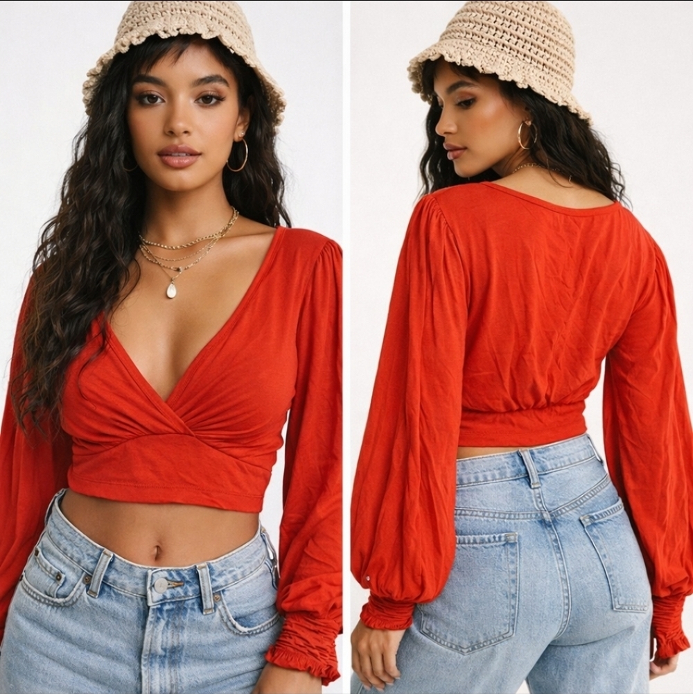 Mikey & Joey Red Cropped Ruched Long Sleeve Top Size L NWT Boho Y2K